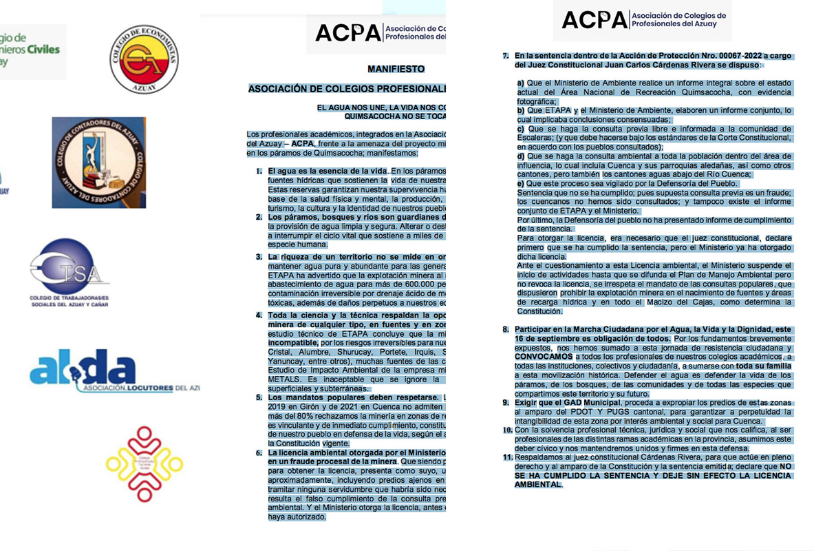La Asociación de Colegios Profesionales del Azuay se pronunció sobre Loma Larga. /Cortesía
